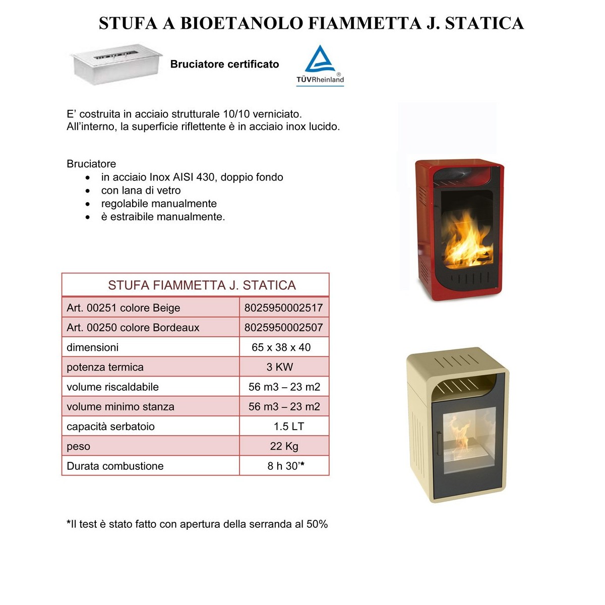 Stufa a Bioetanolo Ventilata Rossa Camino 3 kw 28m2 Combustibile 1.5lt con  Vetro