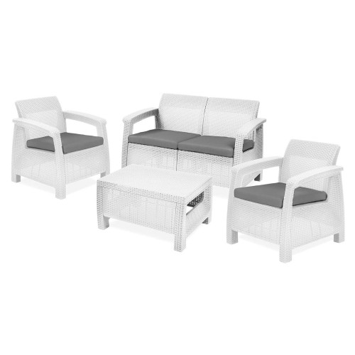 Salotto da Esterno Bianco Effetto Rattan Salottino Divano 2 Poltrone